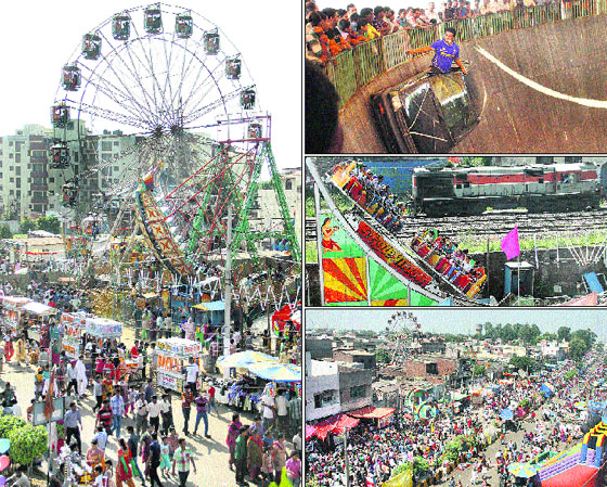 (clockwise from left) A large crowd at the mela; a stuntman performs in Maut ka Kua; children enjoy swing and a sea of devotees during the Sodal Mela in Jalandhar on Wednesday.