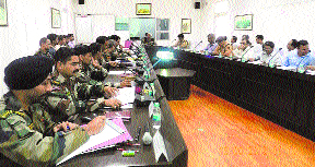 Romeo Force GOC Maj Gen I Narayana chairs a meeting at the Palma headquarters to review security in Rajouri and Poonch districts.