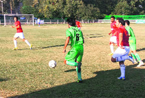 Players in action during a match in the J&K State Power Development Corporation Annual League Football Tournament on Wednesday.