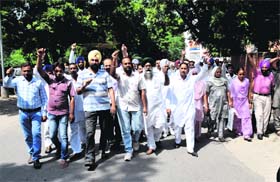 Supporters of oncologist Dr Manjit Singh Jaura hold a march to the office of the SSP, Bathinda, seeking withdrawal of case against the BFUHS assistant professor, on Thursday