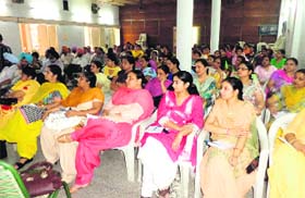 Schoolteachers take part in a training programme at Teachers Home in Bathinda on Thursday