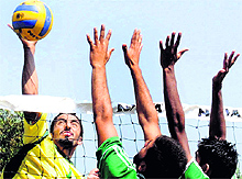 Players in action during the Panjab University Inter-College Volleyball Tournament in Chandigah on Thursday