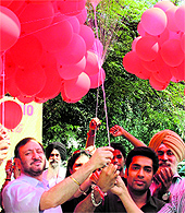 The Chancellor of Desh Bhagat University, Dr Zora Singh (left), releases balloons at the end of a 100-hour radio campaign against drug abuse in Chandigarh on Thursday