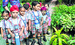 Students visit a garden during the Green Week celebrations at Golden Bells Public School in Sector 77, Mohali