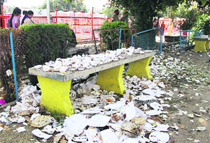 The surroundings of the Sodal temple covered with litter of used disposable crockery in Jalandhar on Thursday. 