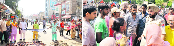 Protesters block the old GT Road near Civil Hospital alleging indifference of the hospital and police authorities to the rape of eight-year-old girl; and (right) kin of the victim raise the issue with police officials in Jalandhar on Thursday.