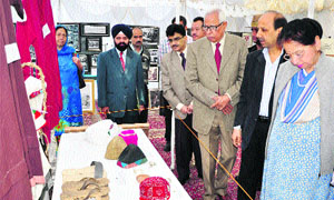 Governor N N Vohra and his wife Usha Vohra during a visit to the Kashmir Heritage Exhibition in Srinagar on Thursday.