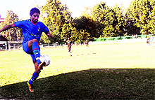 Player in action during the J&K State Power Development Corporation Annual League Football Tournament 2013 in Srinagar on Thursday