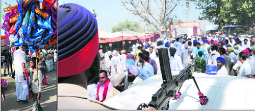 A child sells Chinese balloons; and (right) a policeman deployed outside the venue of an SAD rally during the Chhapar Mela in Mandi Ahmedgarh on Thursday.