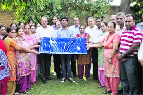 Himanshu being felicitated at his school in Mansa on Thursday