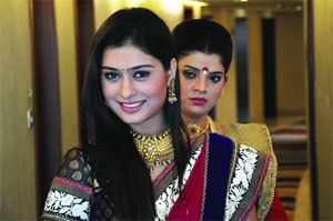 L to R: Siya (Payal Rajput) with Naulakha Devi (Prachee Pathak) who are performing as daughter-in-law and mother-in-law pose for the promotion of their forthcoming TV serial  Aakhir Bahu Bhi Toh Beti Hee Hai at Sahara  One, in New Delhi on Friday. 