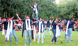 A street play being enacted during the street play festival on FRI campus in Dehradun on Friday