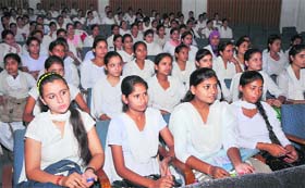 Students during Hindi Pakhwada at Goverment College for Women in Jammu on Friday.