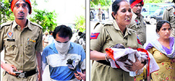 Sham Kumar being produced in a court; and (right) a policewoman carrying the baby, who was sold by her father, to the district courts as his mother comes along to take his custody in Jalandhar on Friday