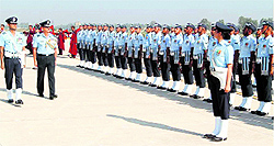 Air Marshal SS Soman, Air Officer Commanding-in-Chief, Western Air Command, inspects the guard of honour at the Air Force Station in Adampur on Friday
