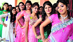 Students of SDP College at a freshers’ party in Ludhiana on Friday