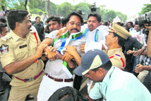 YSR Congress men protest against creation of Telangana state in Hyderabad on Friday.