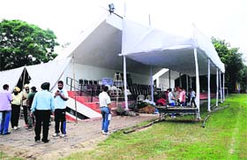 Officials of the UT Sports Department inspect the venue at Football Stadium, Sector 17, in Chandigarh