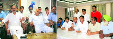 BJP state president Satpal Satti and (right) Pradesh Congress Committee secretary Satpal Raizada during a press conference in Una on Saturday.