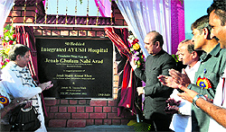 Union Health Minister Ghulam Nabi Azad along with senior Congress leaders during the stone laying ceremony of a hospital at Harwan in Srinagar on Saturday