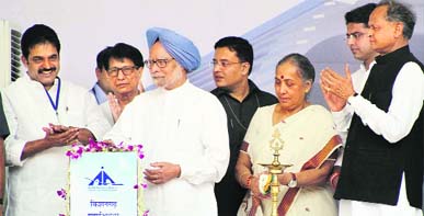 Prime Minister Manmohan Singh lays the foundation stone of Kishangarh International Airport in Ajmer on Saturday. Rajasthan Governor Margaret Alva (3R), Union Civil Aviation Minister Ajit Singh (2L), Rajasthan CM Ashok Gehlot (R) and Corporate Affairs Minister Sachin Pilot (2R) are also seen.