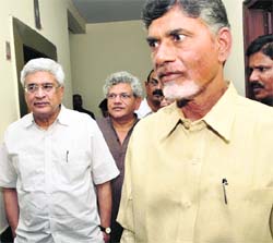 TDP president N Chandrababu Naidu with CPM general secretary Prakash Karat and party leader Sitaram Yechury after a meeting in New Delhi on Saturday.