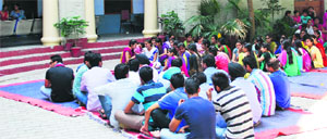 Students protest outside the Principals office at Sri Guru Gobind Singh Khalsa College at Mahilpur on Saturday. 