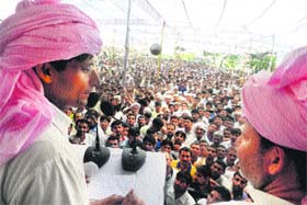 Rohtak MP Deepender Singh Hooda (left) with Karnal MP Arvind Sharma during the Virat Brahmin Sammelan at Bhanderi village in Sonepat district on Sunday