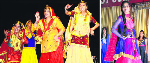 Students perform gidha during the 25th SNA Biennial Punjab State Conference at MHR DAV Institute of Nursing; and (right) a student takes part in a modelling show at St Soldier Management College in Jalandhar. 