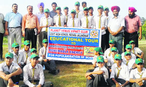 Students of Government High School, Patara, during an educational tour in Jalandhar on Sunday.