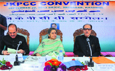 Union Health Minister Ghulam Nabi Azad, in charge of the Congress affairs in J&K Ambika Soni and JKPCC chief Saifuddin Soz at a party convention in Srinagar on Sunday.