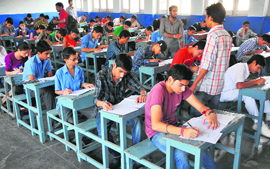 Students participate in the general knowledge competition organised by ABVP in Jammu on Sunday.