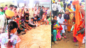 Devotees dig earth as a token of worship to Guga Mari; and (right) a hermit performs a ritual on a devotee at Mela Chhapar on Sunday.