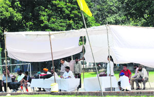 The fourth referee at a table at a football stadium in Chandigarh on Monday.