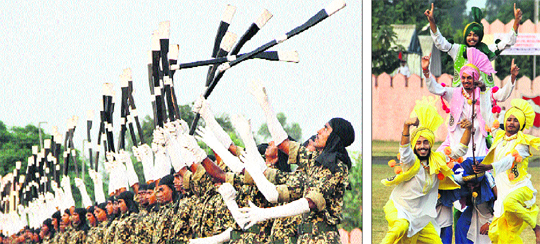 Jawans at the opening ceremony of the BSF Inter-Frontier Games Competitions 2013 in Jalandhar on Monday; and (right) jawans perform bhangra on the occasion.