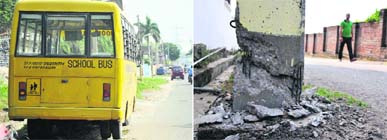 The school bus which had a narrow escape when it hit an electricity pole (right) at Channi Rama in Jammu on Monday.