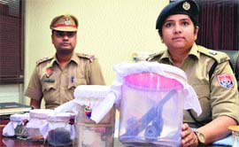 Nilambari Jagdale, ADCP-I, (right) with the material seized from a thief in Ludhiana on Monday.