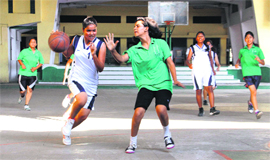 A match in progress during the 9th Gardener Silver Jubilee Inter-School Basketball Tournament for Girls in Dehradun on Tuesday.