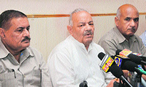 MLA and former Union minister Chaman Lal Gupta addresses a press conference in Jammu on Tuesday. 