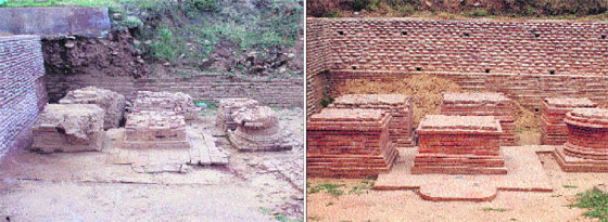 The stupas in Akhnoor before (left) and after the conservation undertaken by the ASI.