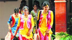 Girls on their way to perform a giddha during the Panjab University Zonal Youth and Heritage Festival at the Khalsa College for Women in Ludhiana.