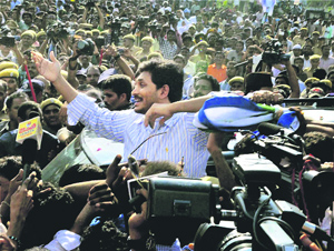 YSR Congress president YS Jaganmohan Reddy greets his supporters after he was released from the Chanchalguda Jail in Hyderabad on Tuesday.