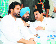 PPCC chief PS Bajwa, OP Soni (R) and KS Rintu (L) in Amritsar on Tuesday.