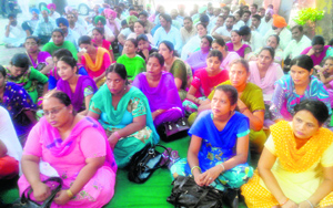 Members of the Aided School Teachers and Other Employees Union during a meeting in Bathinda on Wednesday.
