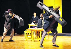 Artistes enact a scene from the play, “Oh Lok Jo Ruke Reh Gai”, at the Tagore Theatre, Sector 18, Chandigarh, on Wednesday