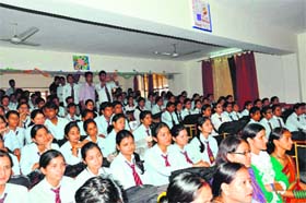 Students participate in the Pharmacist Day celebrations at Shri Guru Ram Rai Institute of Technology and Science in Dehradun on Wednesday