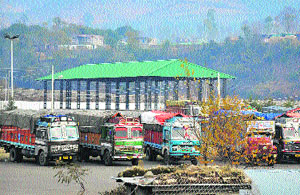 Trucks parked in the Chakan da Bagh Cross-LoC Trade Centre in Poonch.