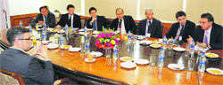 Chief Minister Omar Abdullah interacts with members of the European delegation in Srinagar on Wednesday. A Tribune Photograph