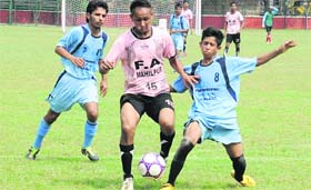 A football match in progress during the ongoing Administrators Challenge Cup at the Football Stadium, Sector 17, in Chandigarh on Thursday.