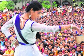 A student performs during a talent-hunt show at Government Collage for Women in Karnal